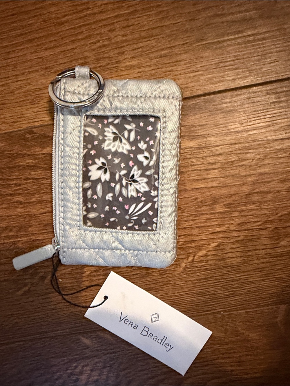 Vera Bradley Metallic Silver Quilted ID Wallet with Floral Insert and Key Ring